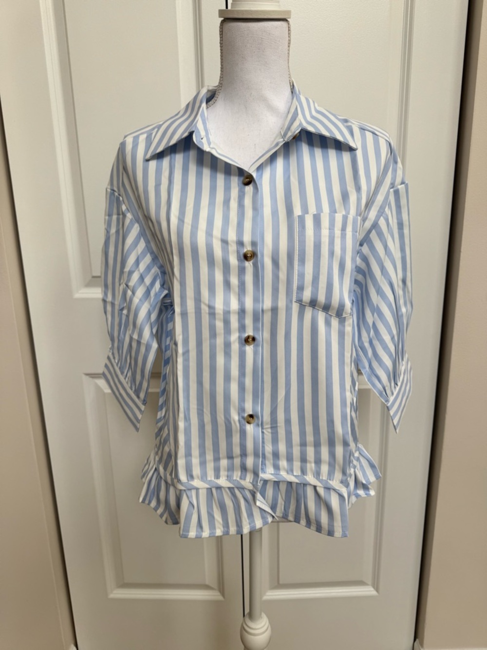 Blue and White Striped Ruffle Hem Button-Up Blouse (medium)